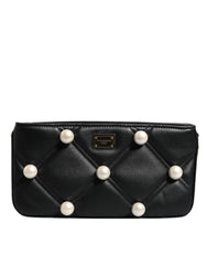 Dolce & Gabbana Black Leather Pearl Embellished Logo Shoulder Bag - Shoulder Bags