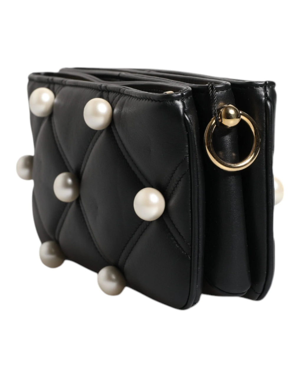Dolce & Gabbana Black Leather Pearl Embellished Logo Shoulder Bag - Shoulder Bags