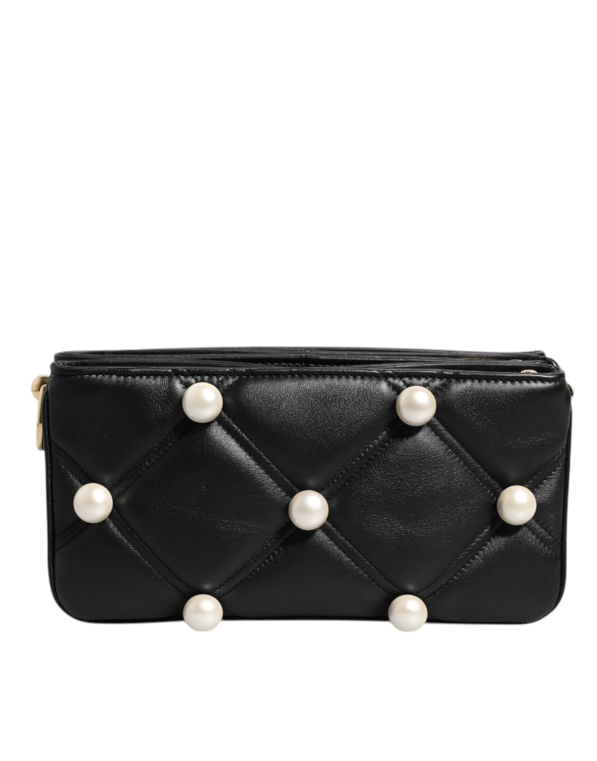 Dolce & Gabbana Black Leather Pearl Embellished Logo Shoulder Bag - Shoulder Bags