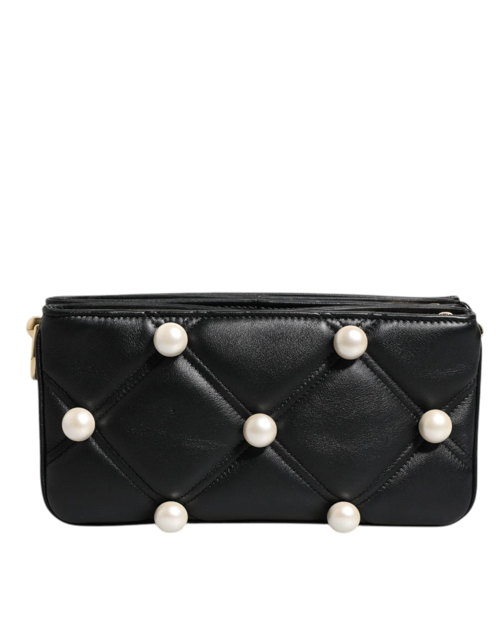 Dolce & Gabbana Black Leather Pearl Embellished Logo Shoulder Bag - Shoulder Bags