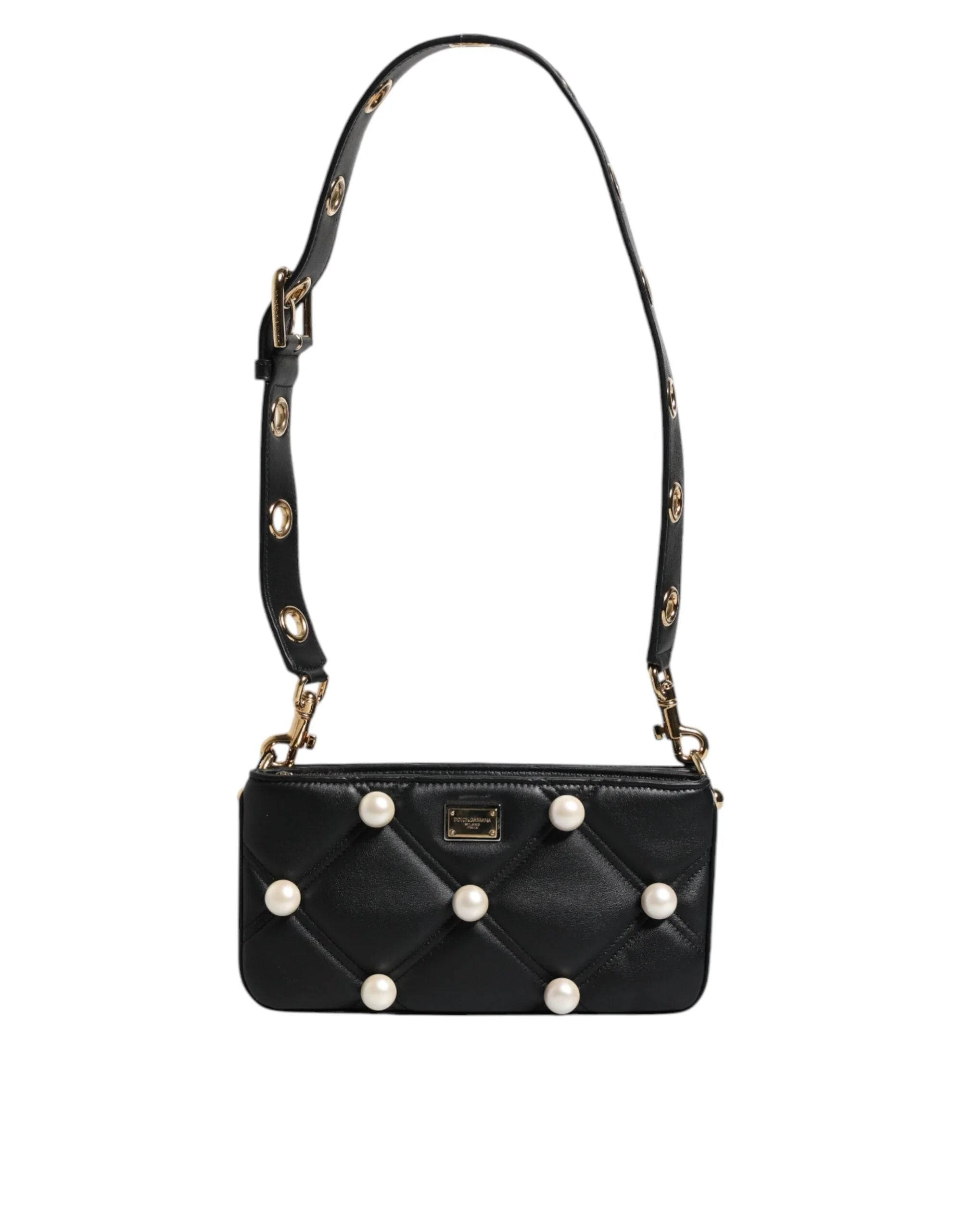 Dolce & Gabbana Black Leather Pearl Embellished Logo Shoulder Bag - Shoulder Bags