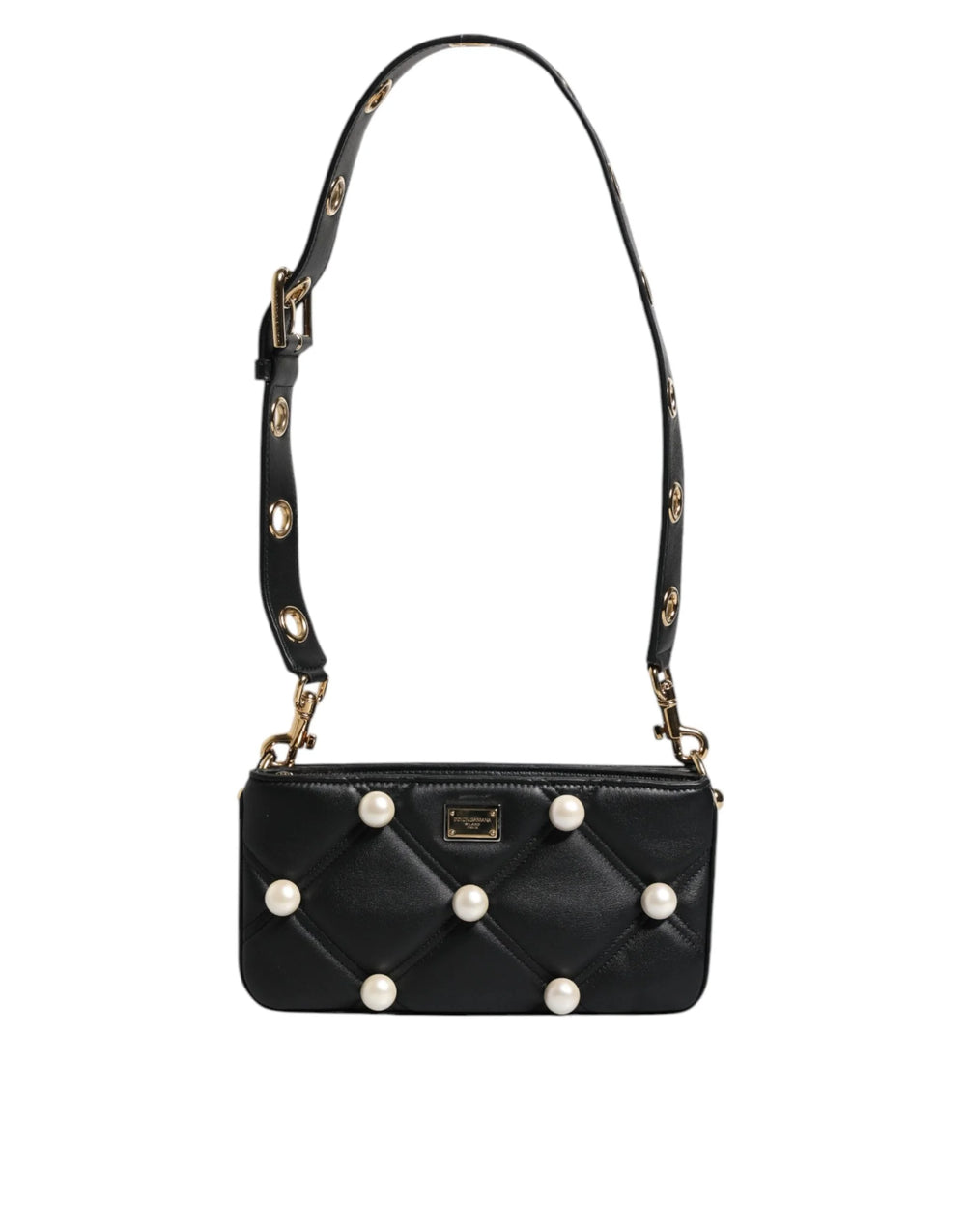 Dolce & Gabbana Black Leather Pearl Embellished Logo Shoulder Bag - Shoulder Bags