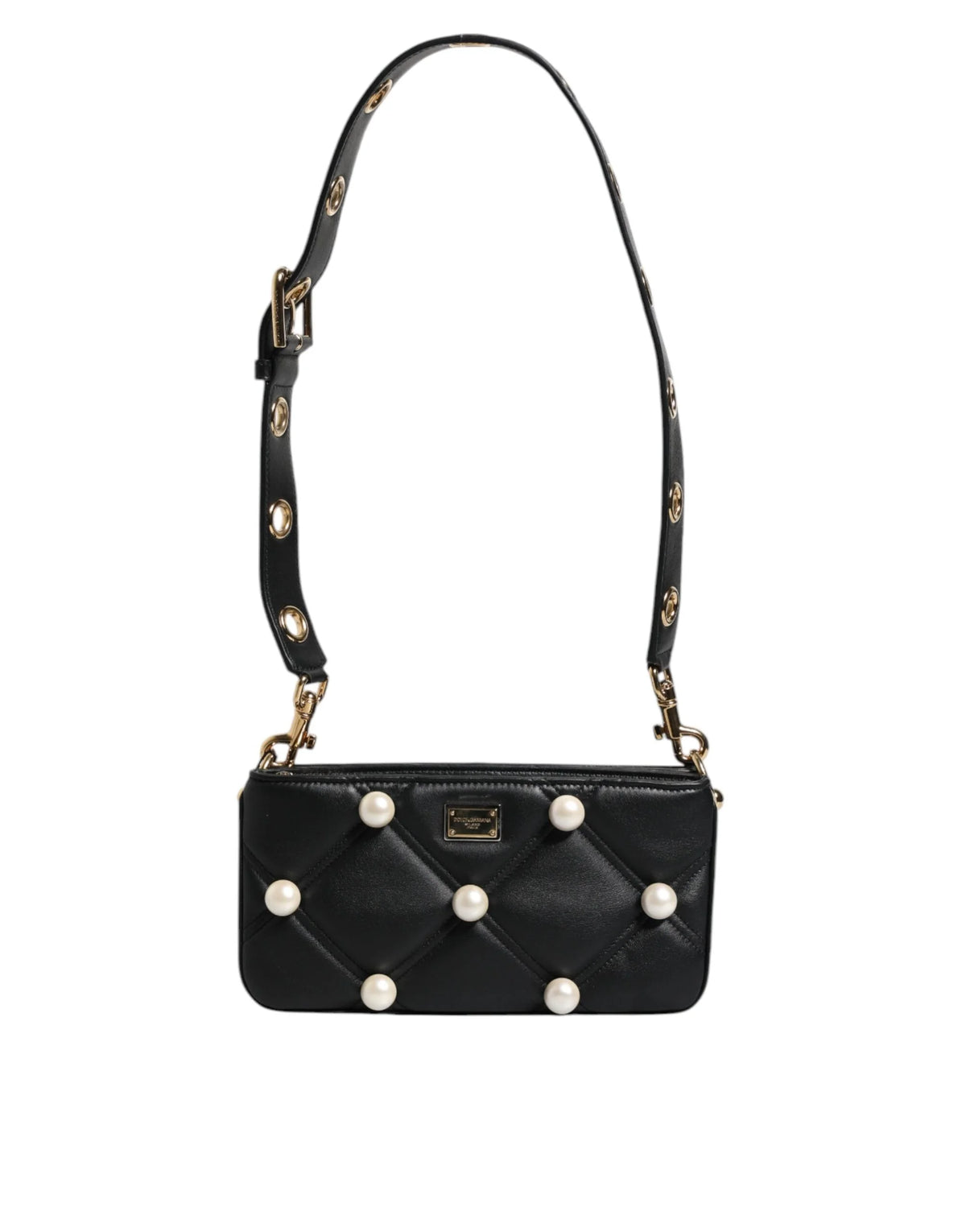 Dolce & Gabbana Black Leather Pearl Embellished Logo Shoulder Bag - Shoulder Bags