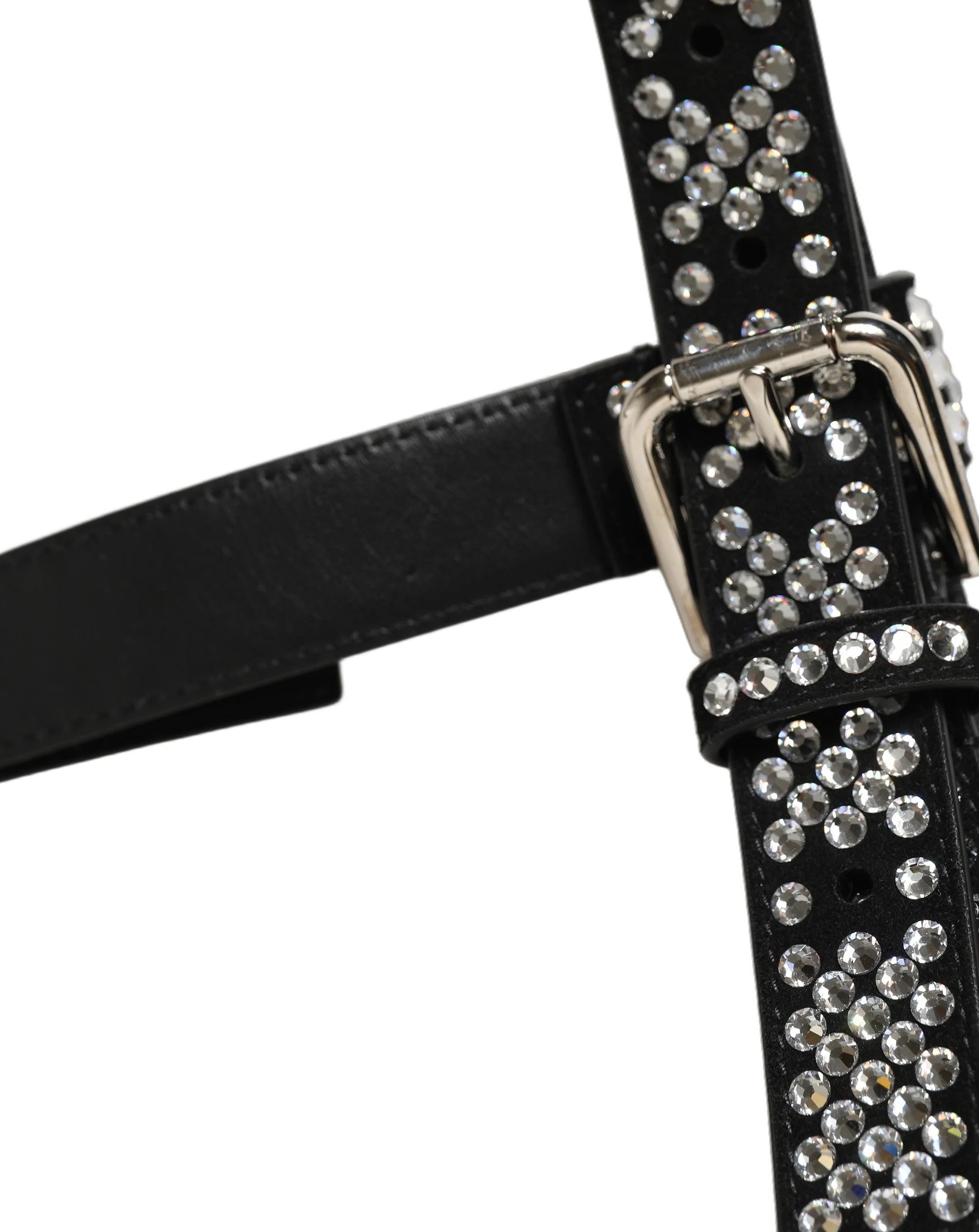 Dolce & Gabbana Black Leather Rhinestones Embellished Men Suspender - One Size