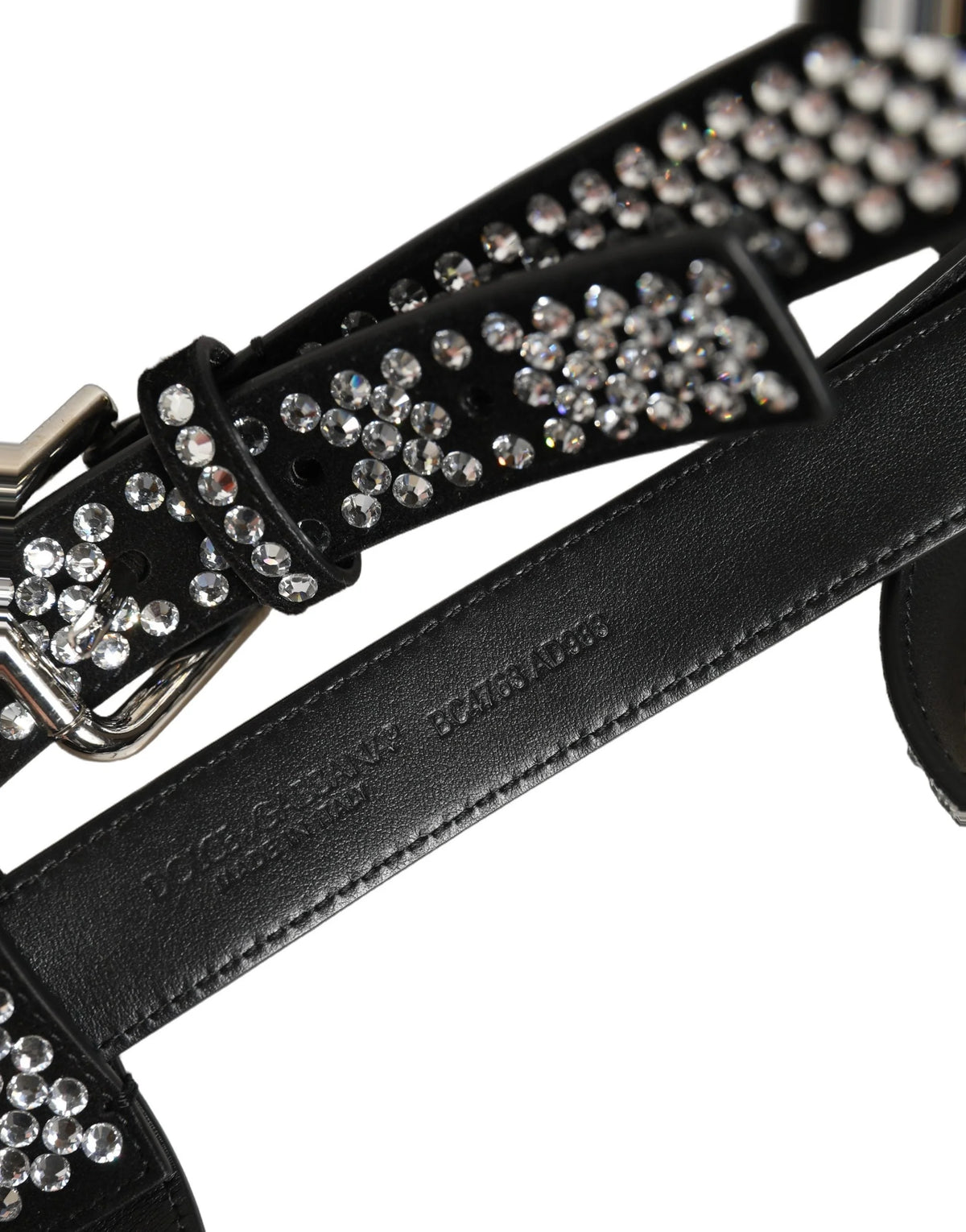 Dolce & Gabbana Black Leather Rhinestones Embellished Men Suspender - One Size