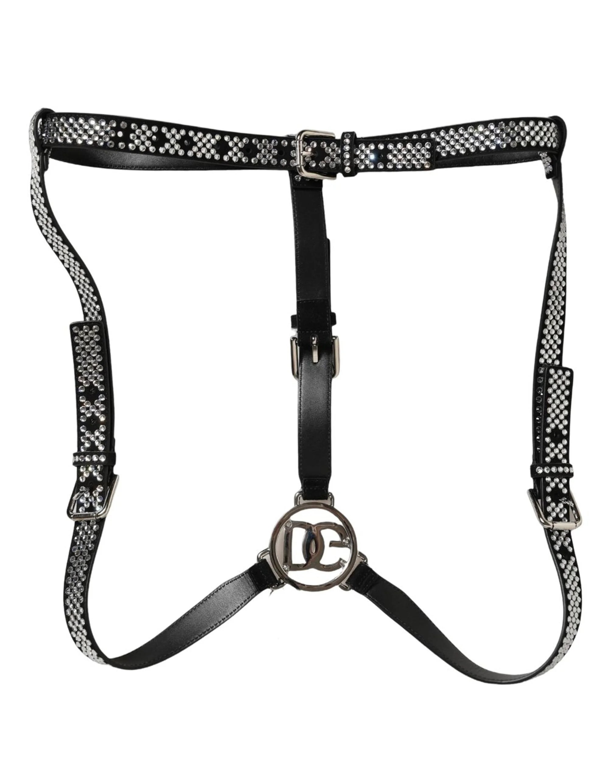 Dolce & Gabbana Black Leather Rhinestones Embellished Men Suspender - One Size