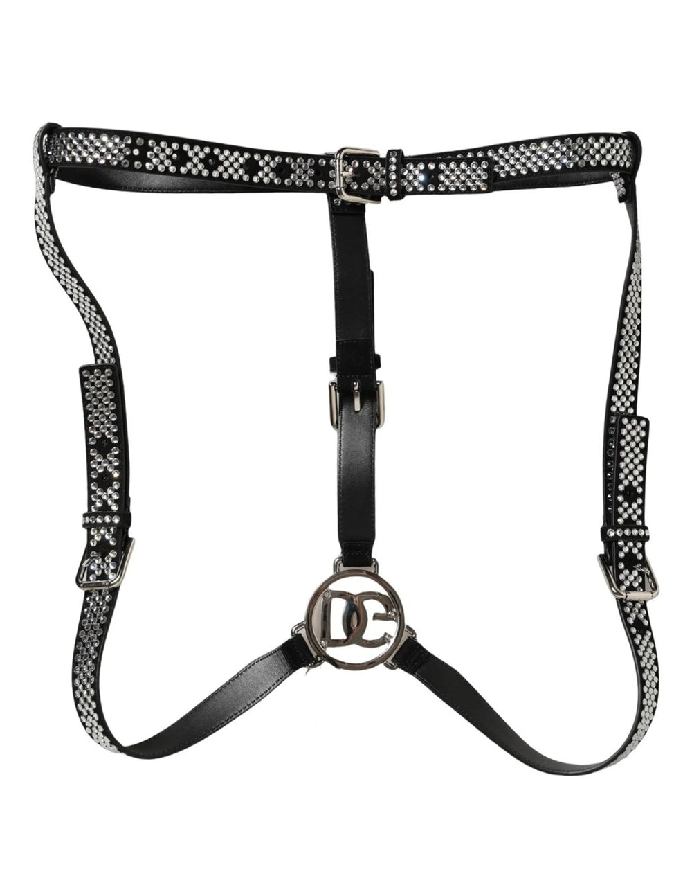 Dolce & Gabbana Black Leather Rhinestones Embellished Men Suspender - One Size