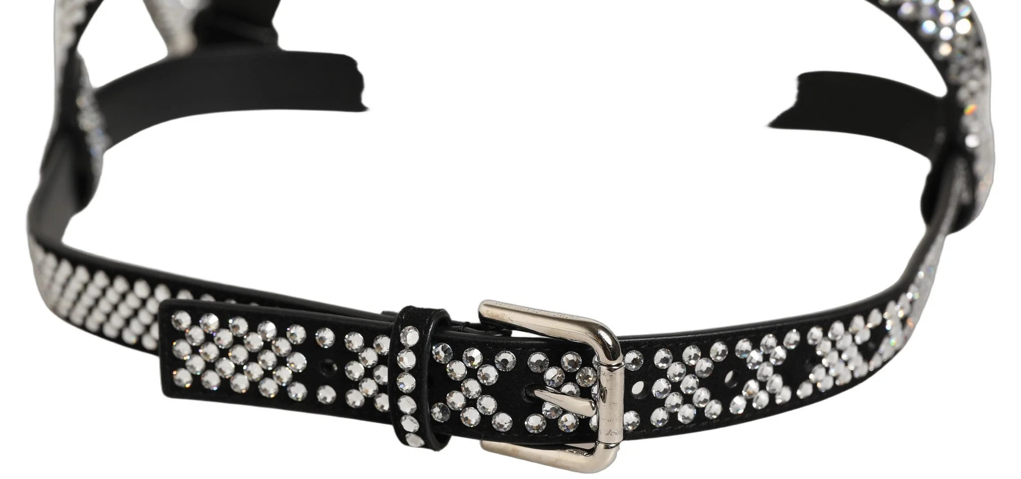 Dolce & Gabbana Black Leather Rhinestones Embellished Men Suspender - One Size