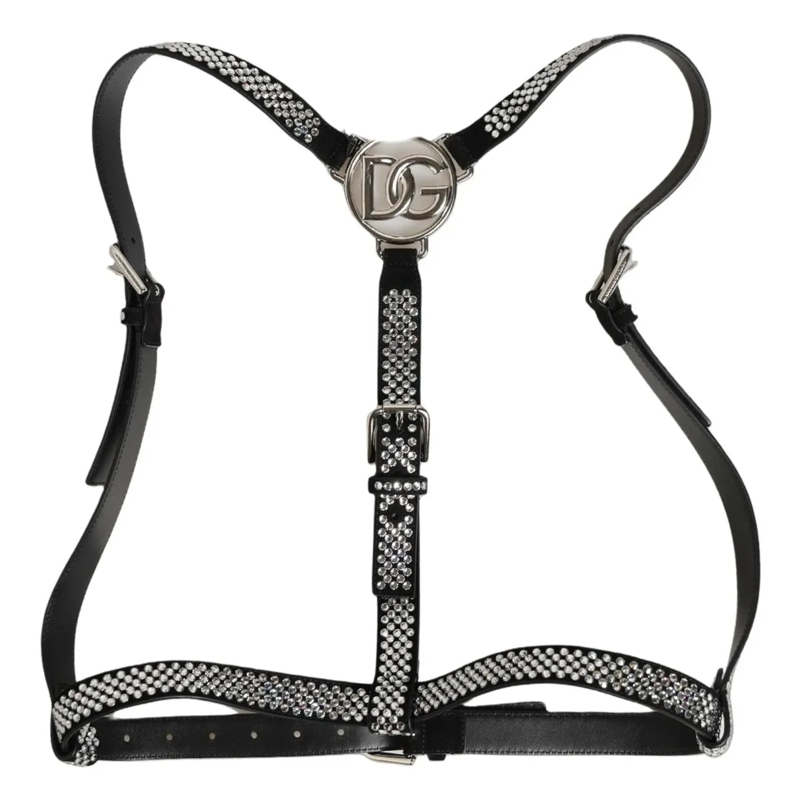 Dolce & Gabbana Black Leather Rhinestones Embellished Men Suspender - One Size