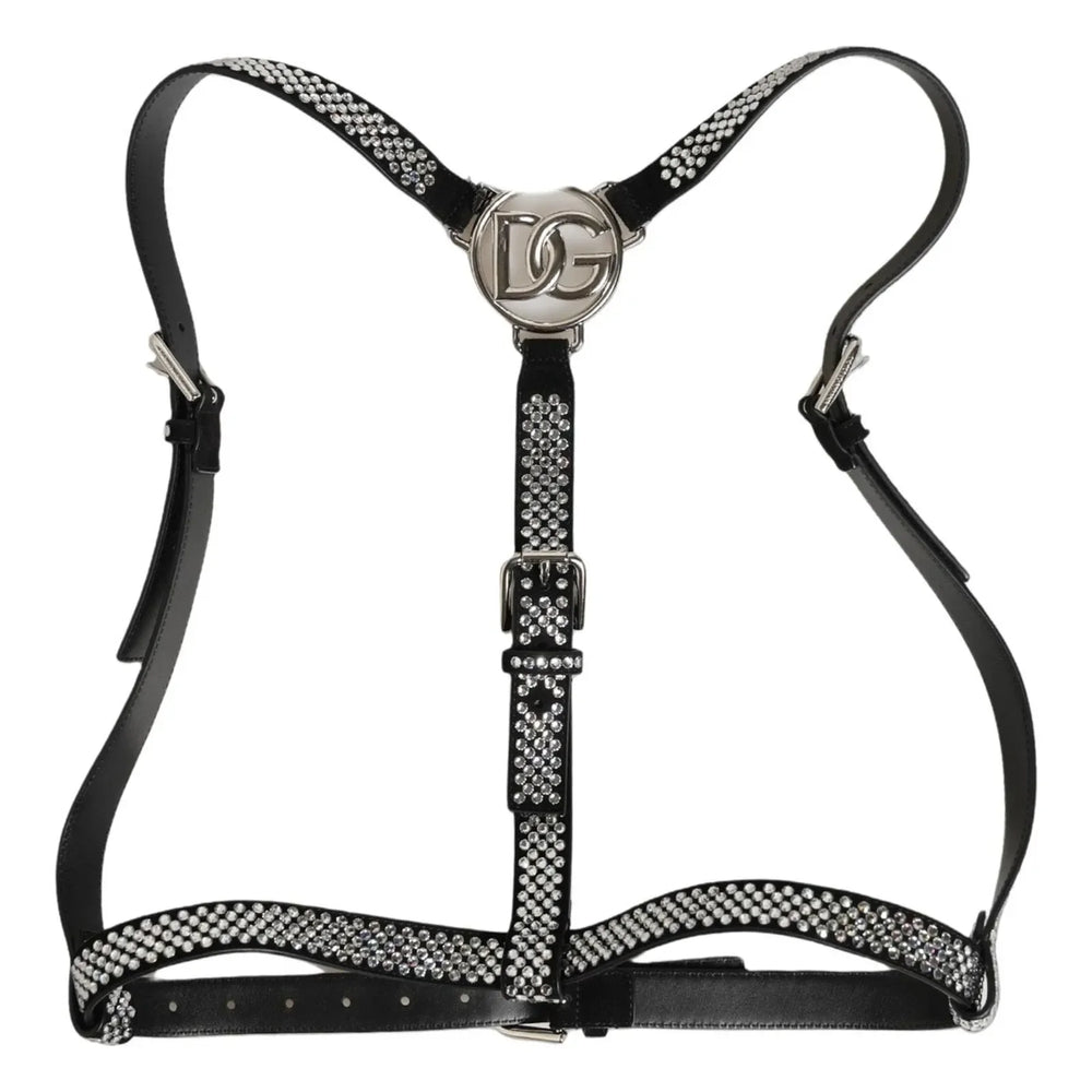 Dolce & Gabbana Black Leather Rhinestones Embellished Men Suspender - One Size