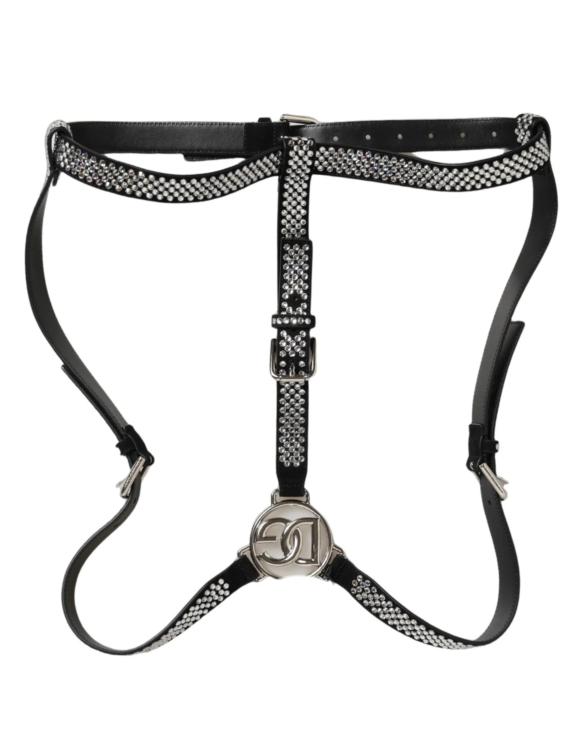 Dolce & Gabbana Black Leather Rhinestones Embellished Men Suspender - One Size