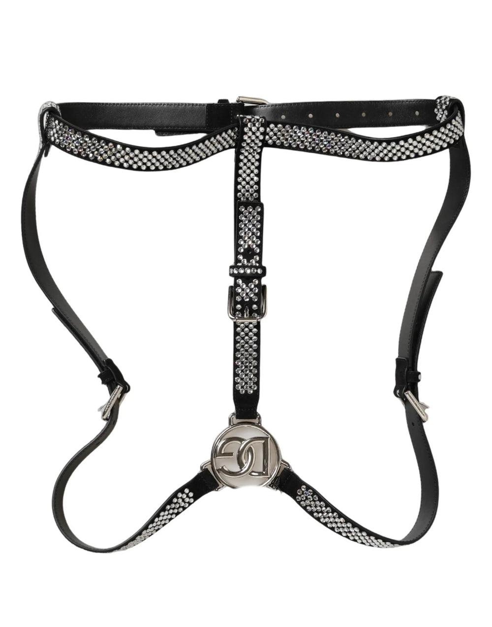 Dolce & Gabbana Black Leather Rhinestones Embellished Men Suspender - One Size