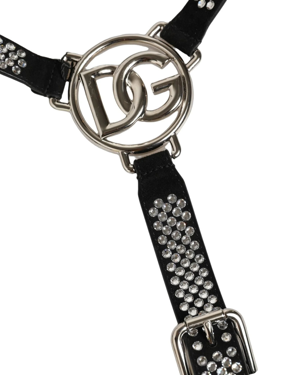 Dolce & Gabbana Black Leather Rhinestones Embellished Men Suspender - One Size