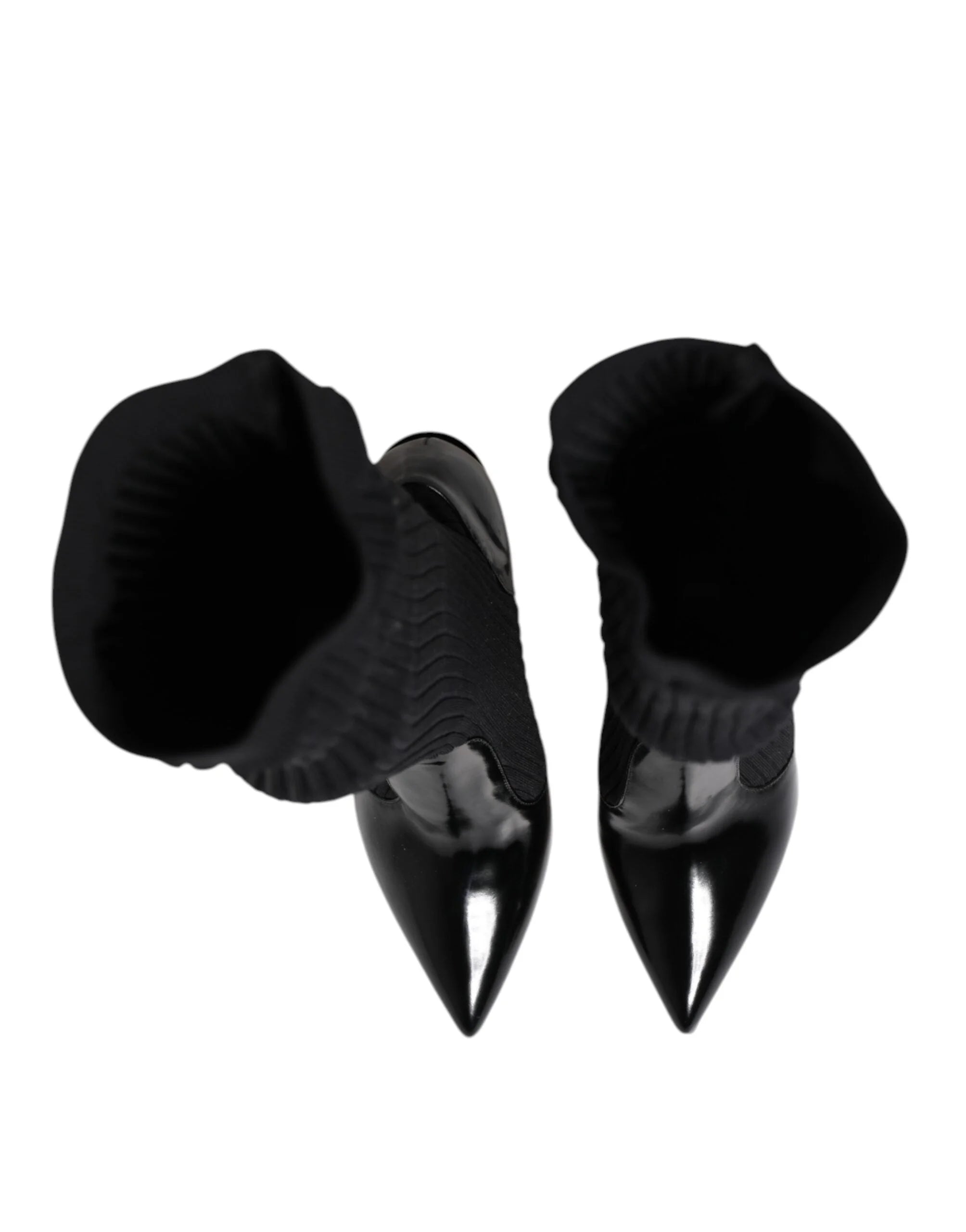 Dolce & Gabbana Black Leather Ribbed Knit Knee Boots Shoes - Boots