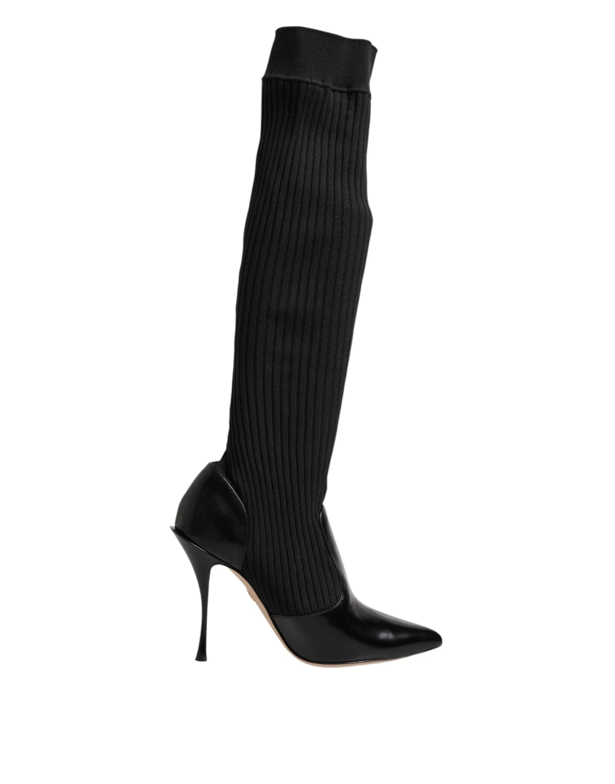 Dolce & Gabbana Black Leather Ribbed Knit Knee Boots Shoes - Boots
