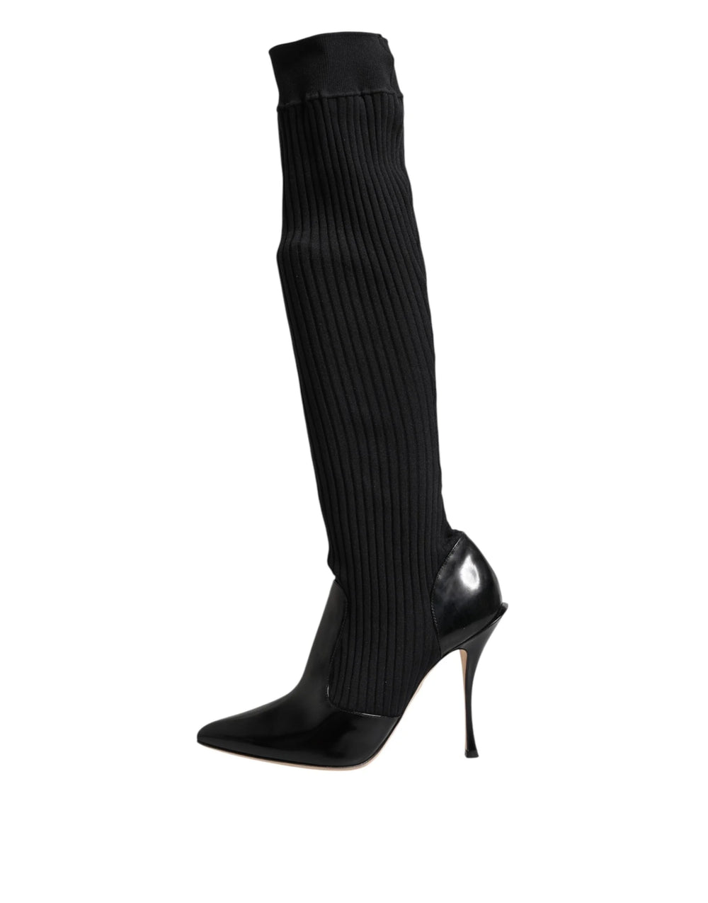 Dolce & Gabbana Black Leather Ribbed Knit Knee Boots Shoes - Boots