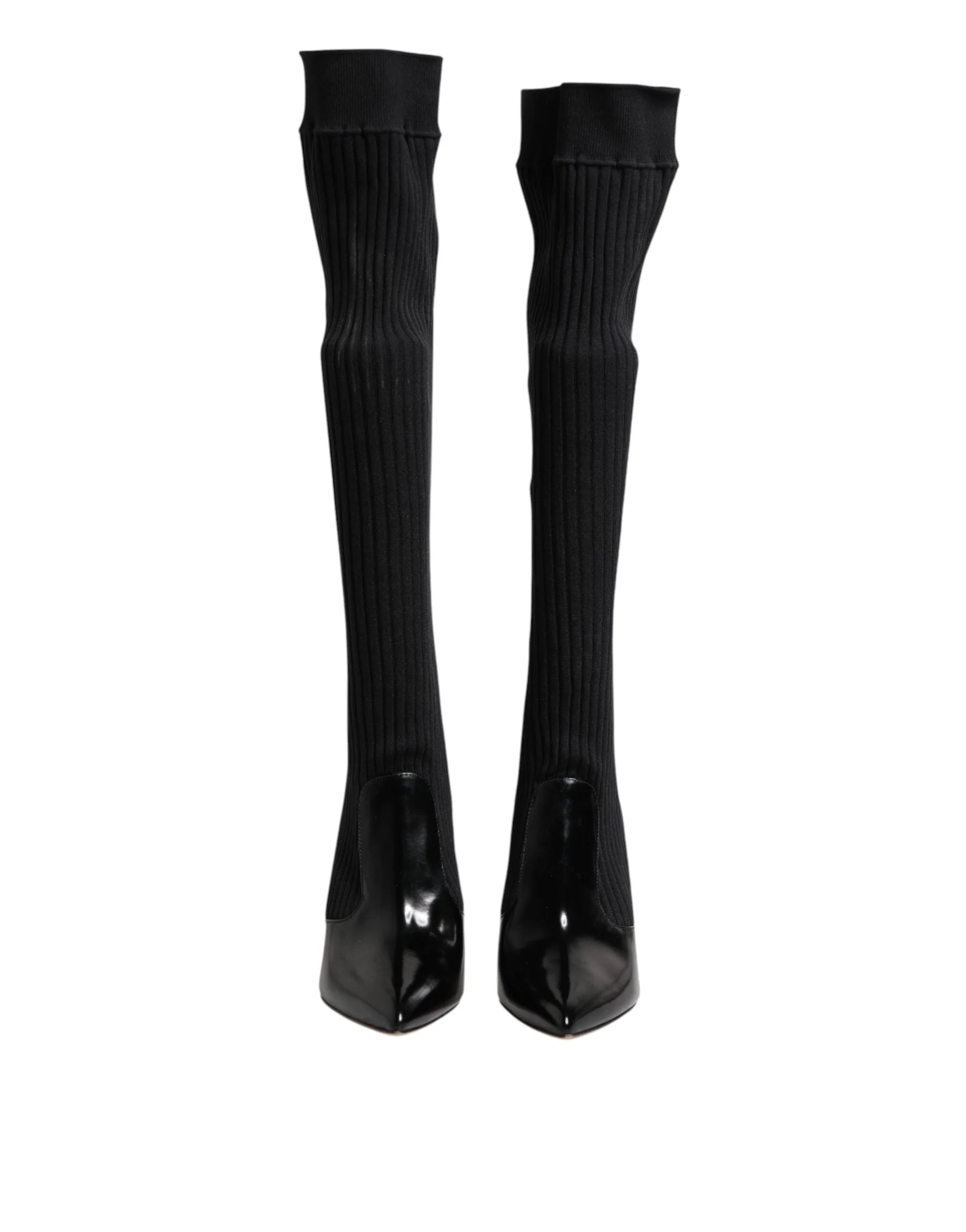 Dolce & Gabbana Black Leather Ribbed Knit Knee Boots Shoes - Boots