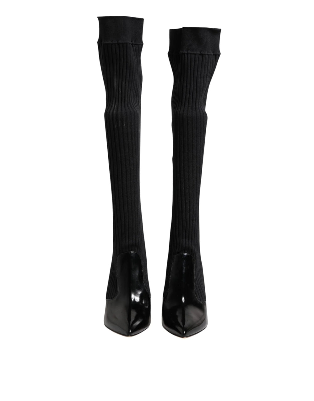 Dolce & Gabbana Black Leather Ribbed Knit Knee Boots Shoes - Boots