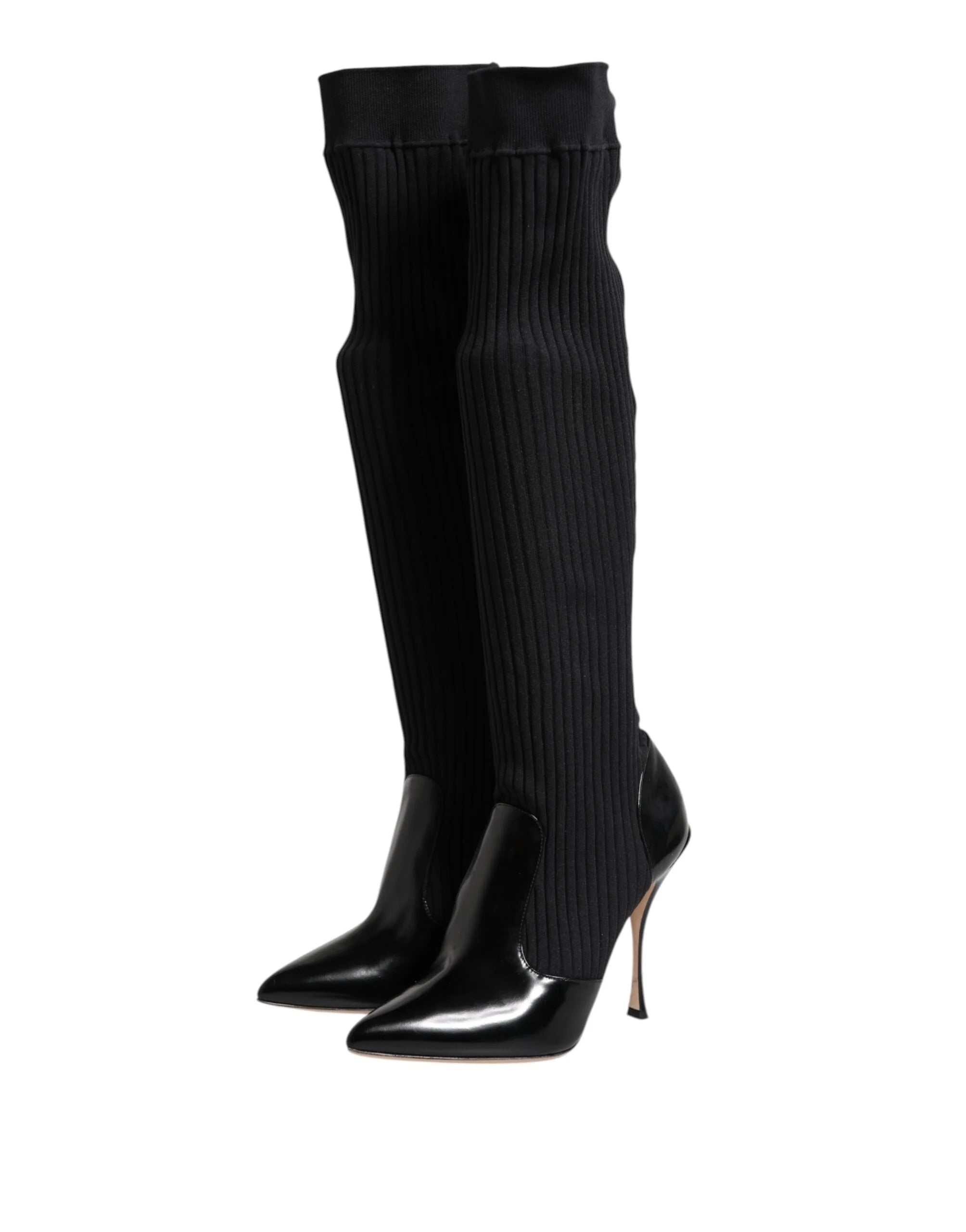 Dolce & Gabbana Black Leather Ribbed Knit Knee Boots Shoes - Boots