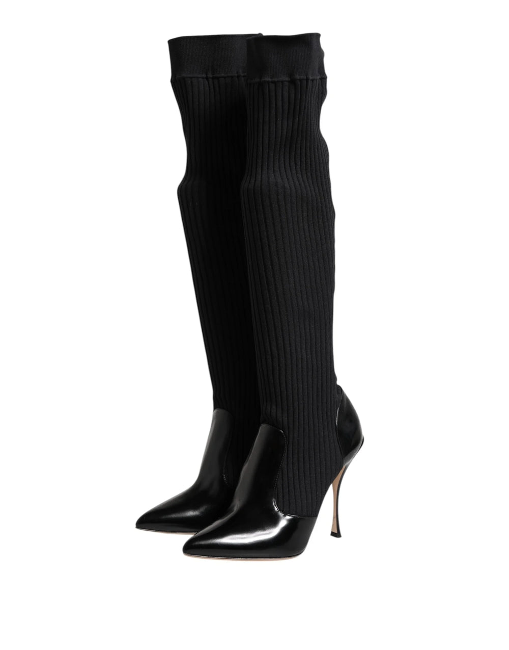 Dolce & Gabbana Black Leather Ribbed Knit Knee Boots Shoes - Boots
