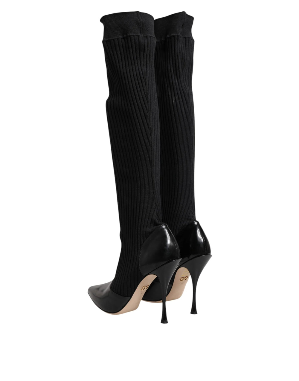Dolce & Gabbana Black Leather Ribbed Knit Knee Boots Shoes - Boots