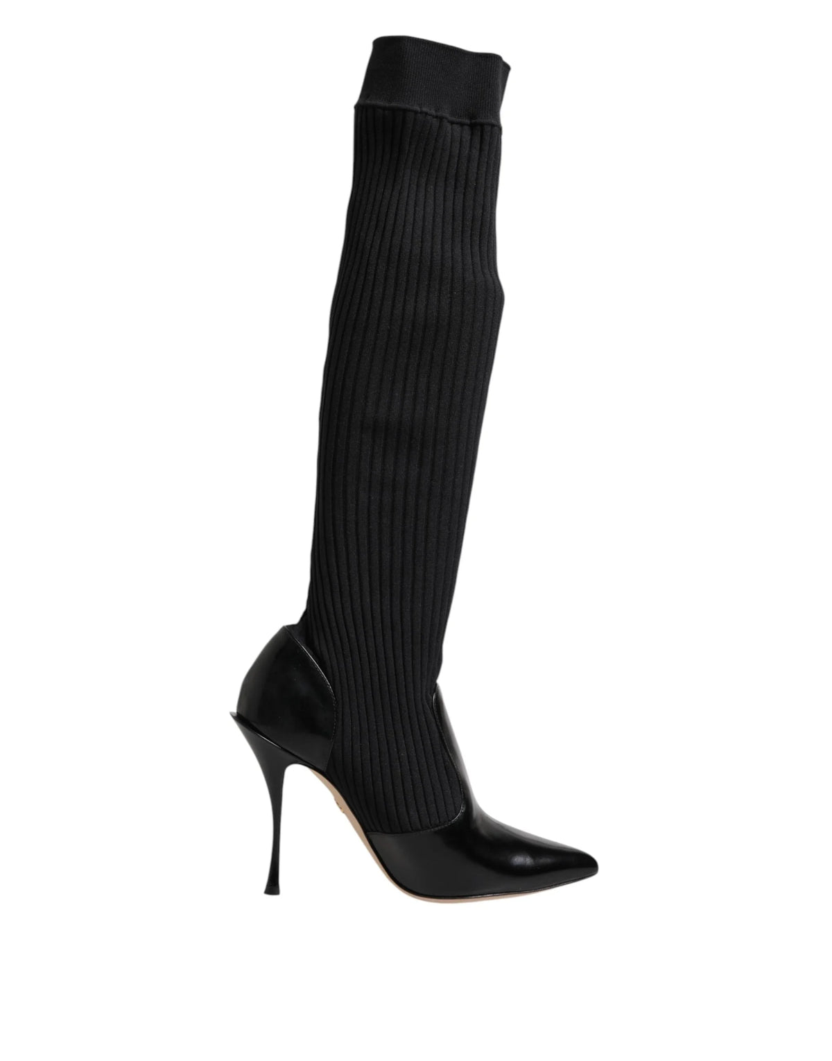 Dolce & Gabbana Black Leather Ribbed Knit Knee Boots Shoes - Boots