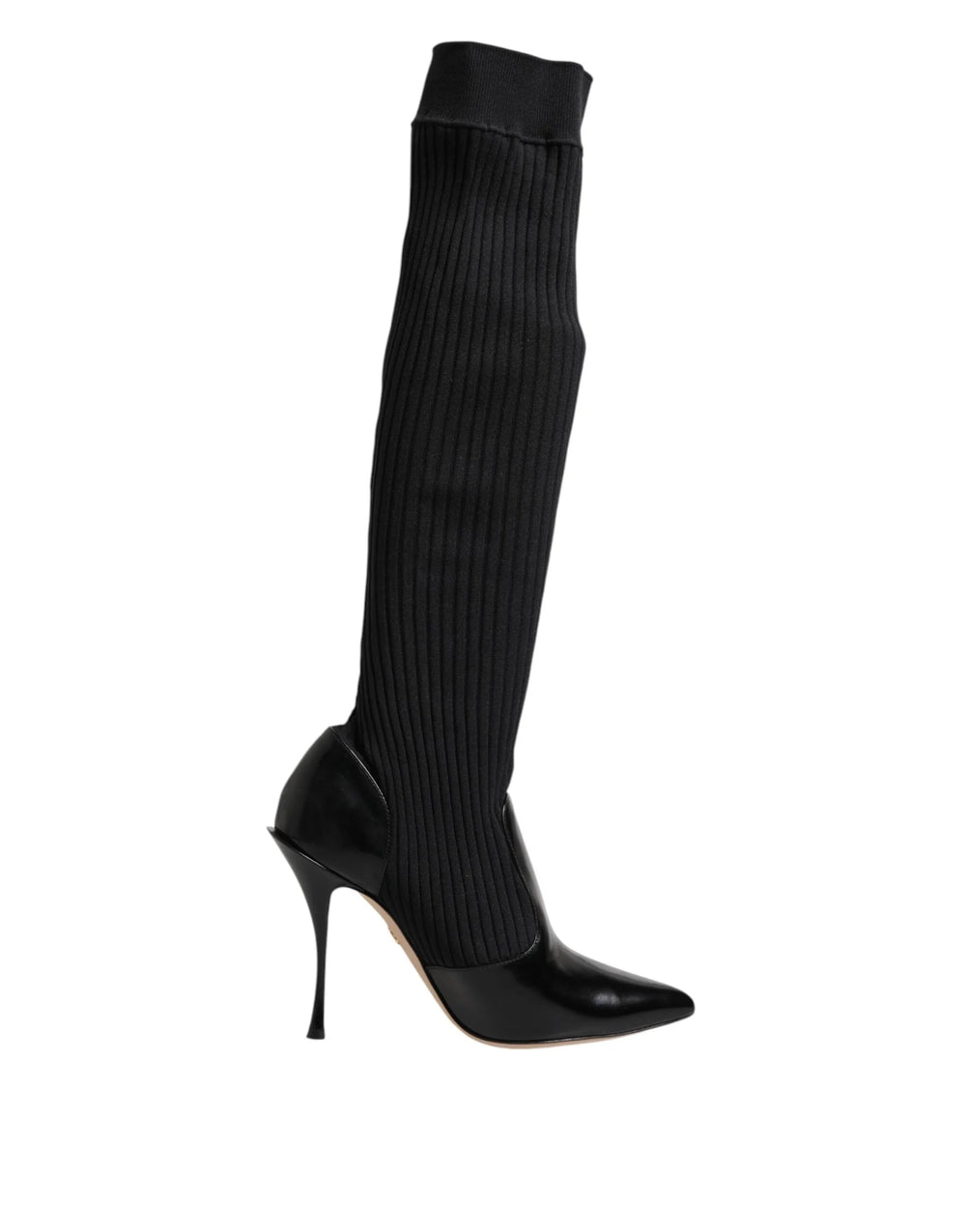 Dolce & Gabbana Black Leather Ribbed Knit Knee Boots Shoes - EU38/US7.5