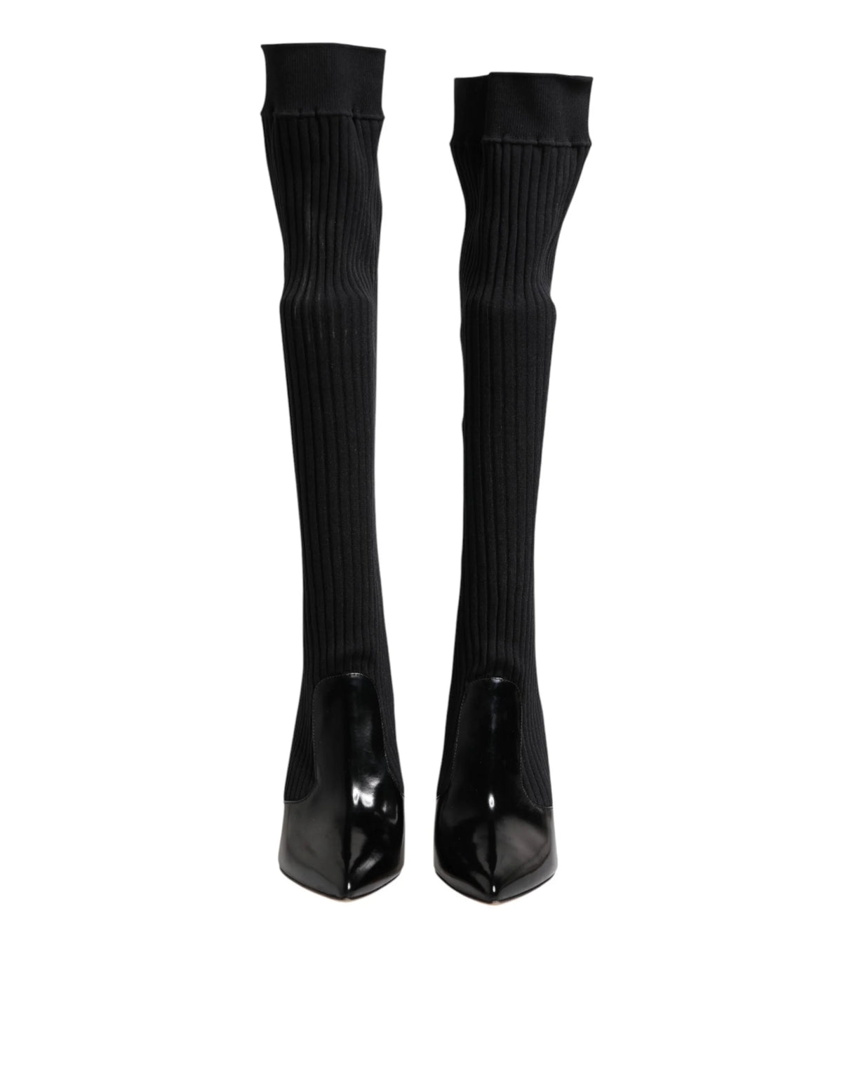 Dolce & Gabbana Black Leather Ribbed Knit Knee Boots Shoes - EU38/US7.5