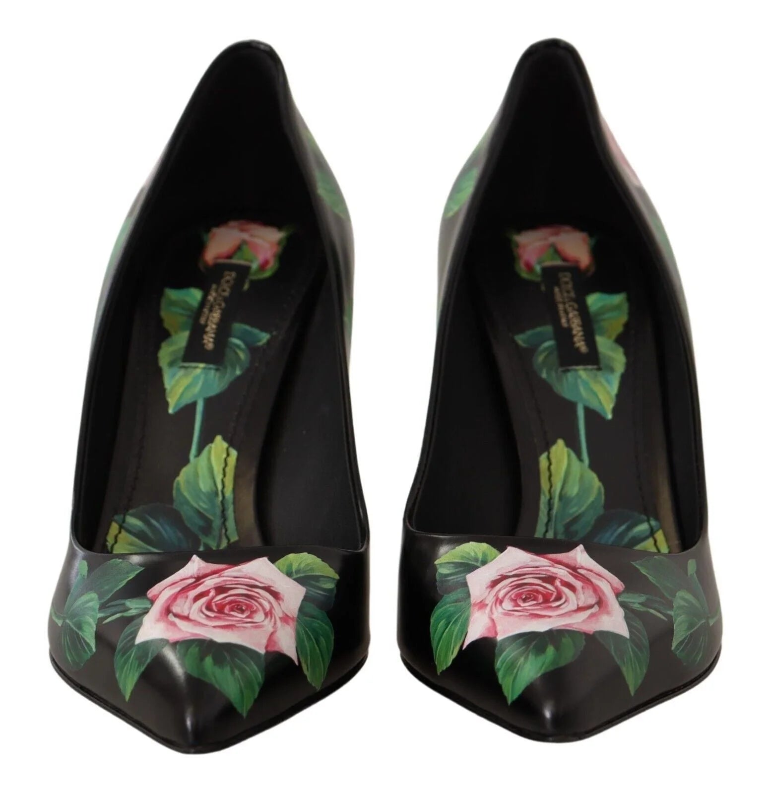 Zijaanzicht van Dolce & Gabbana leren hakken, die het ingewikkelde ontwerp van de bloemrozenstengel op de hoge hak laten zien.