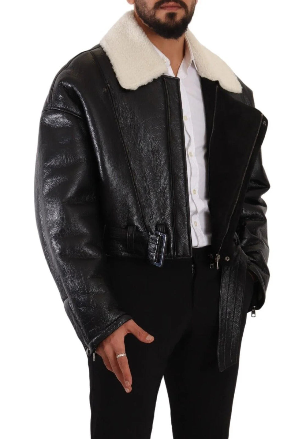 Dolce & Gabbana Black Leather Shearling Biker Coat Jacket - IT48 | M - Coats & Jackets
