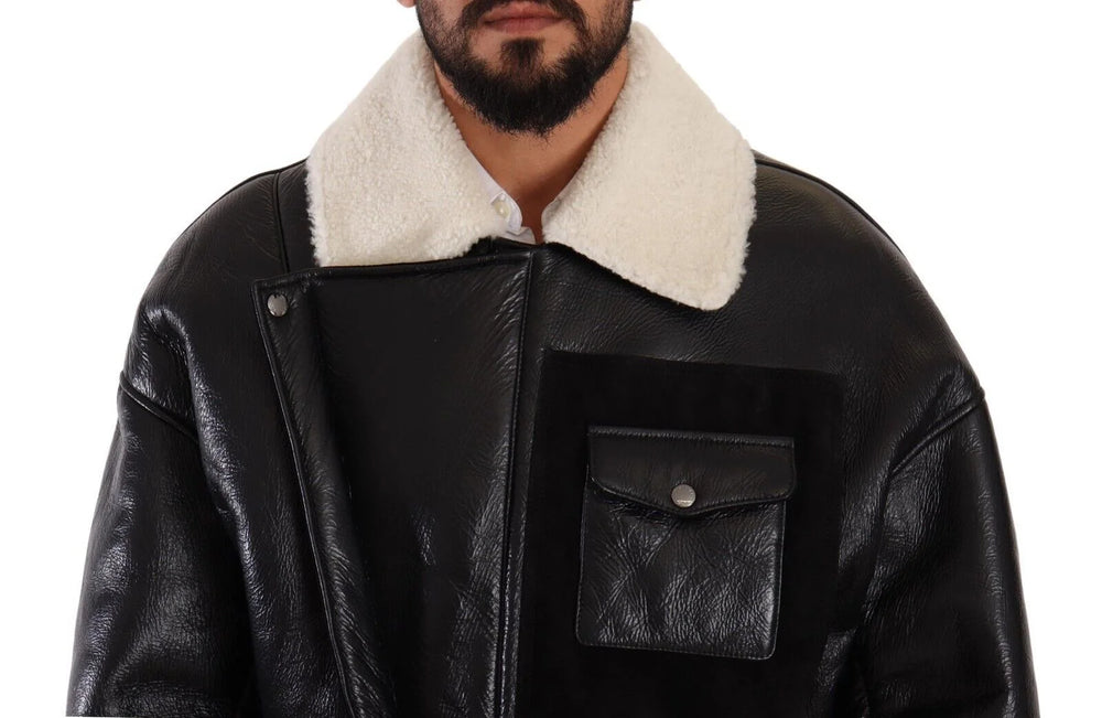 Dolce & Gabbana Black Leather Shearling Biker Coat Jacket - IT48 | M - Coats & Jackets