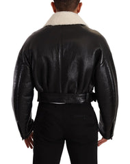 Dolce & Gabbana Black Leather Shearling Biker Coat Jacket - IT48 | M - Coats & Jackets