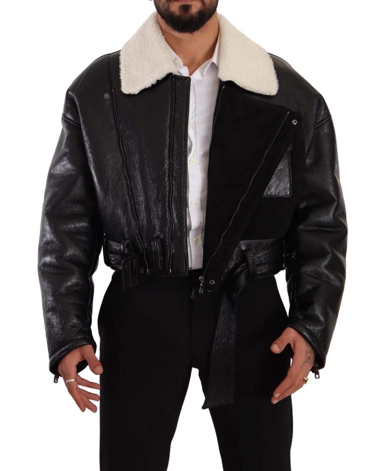Dolce & Gabbana Black Leather Shearling Biker Coat Jacket - IT48 | M - Coats & Jackets