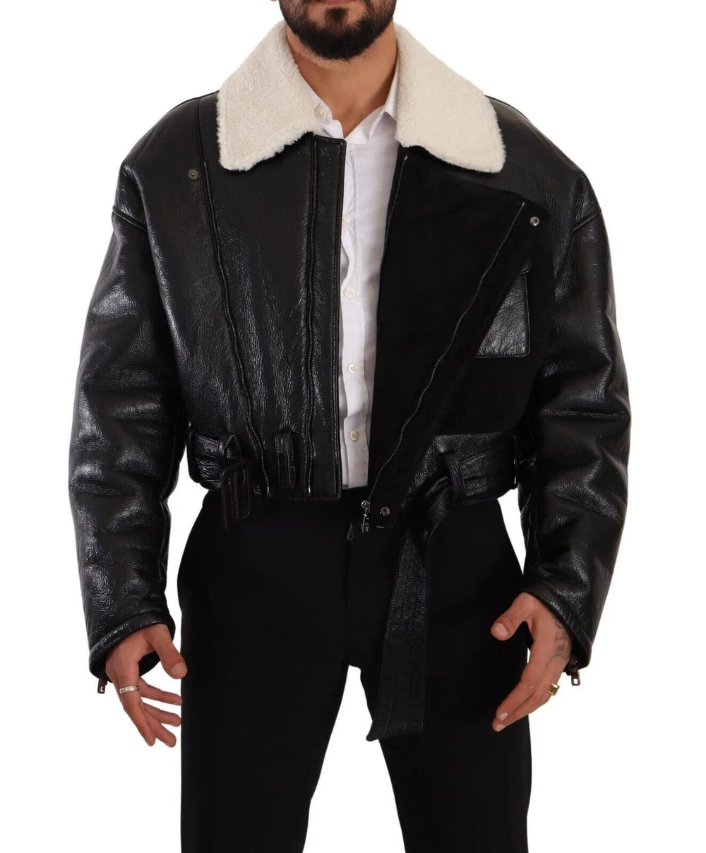 Dolce & Gabbana Black Leather Shearling Biker Coat Jacket - IT48 | M - Coats & Jackets