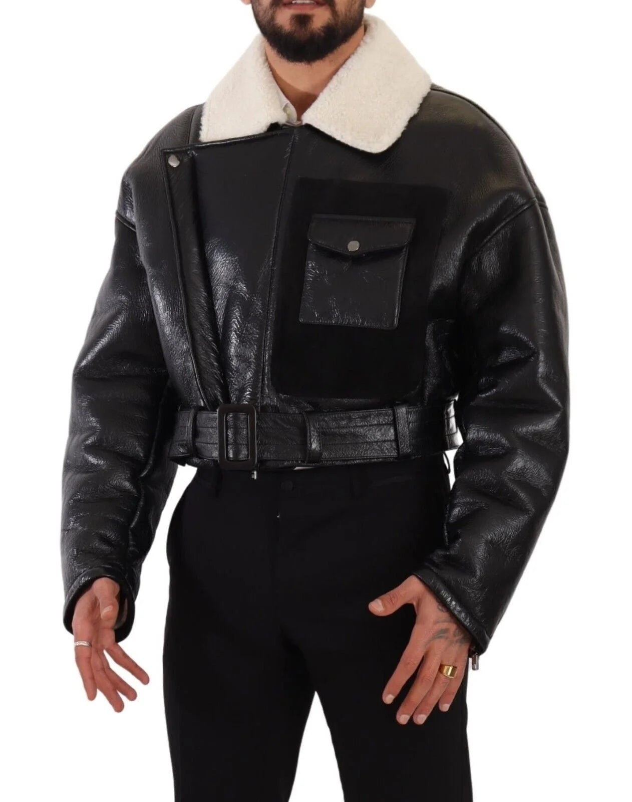 Dolce & Gabbana Black Leather Shearling Biker Coat Jacket - IT48 | M - Coats & Jackets