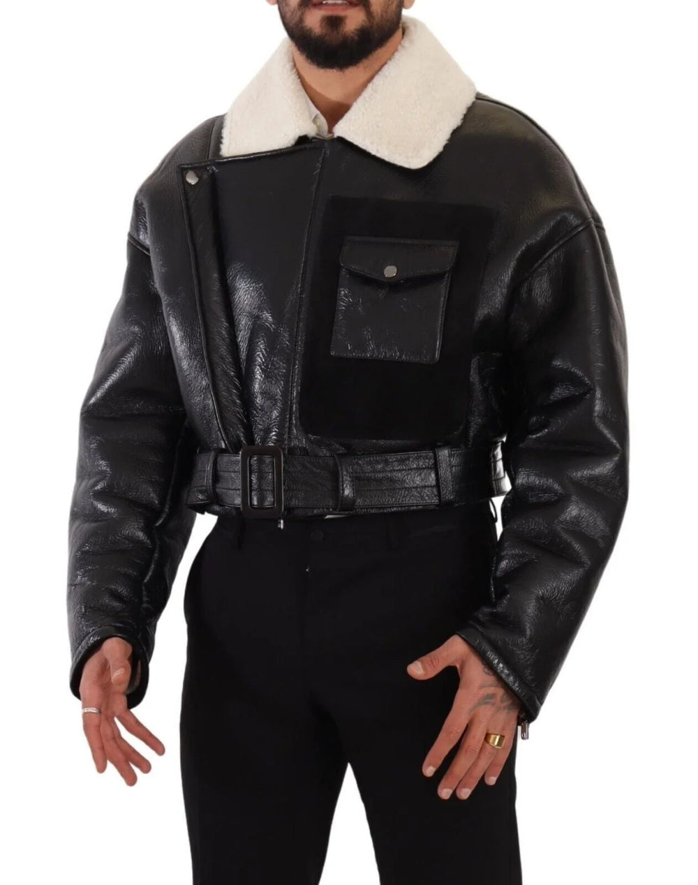 Dolce & Gabbana Black Leather Shearling Biker Coat Jacket - IT48 | M - Coats & Jackets