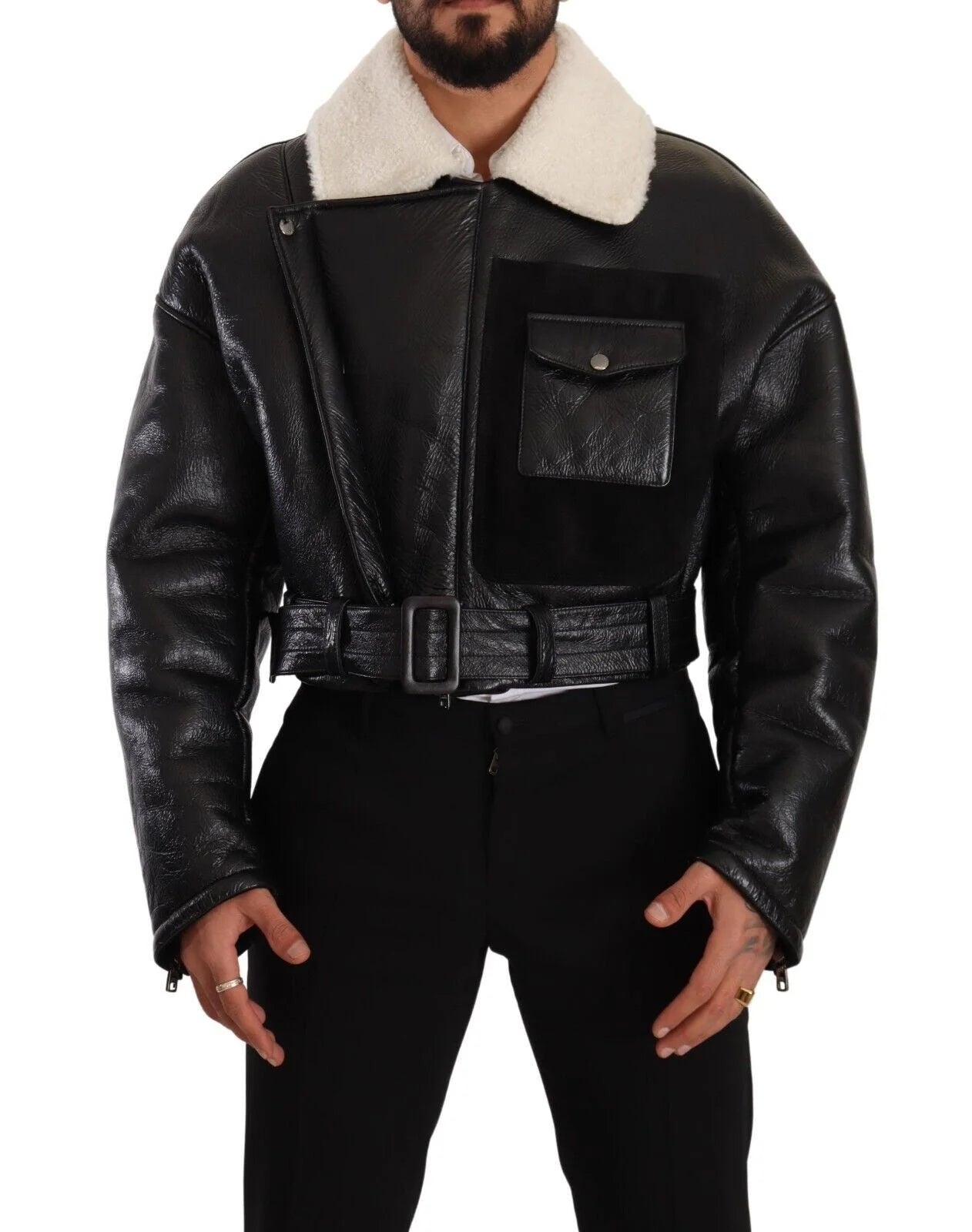 Dolce & Gabbana Black Leather Shearling Biker Coat Jacket - IT48 | M - Coats & Jackets