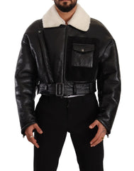 Dolce & Gabbana Black Leather Shearling Biker Coat Jacket - IT48 | M - Coats & Jackets