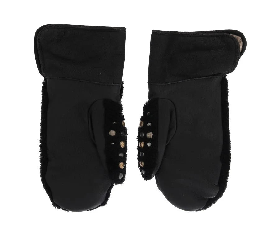 Dolce & Gabbana Black Leather Shearling Studded Gloves - 9|M - Gloves & Mittens