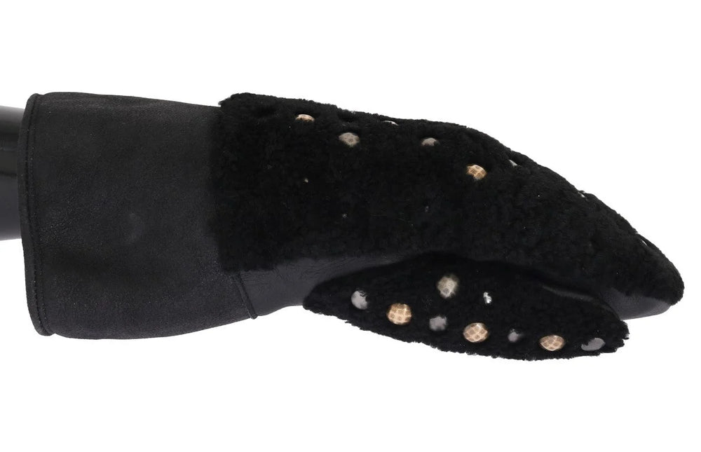 Dolce & Gabbana Black Leather Shearling Studded Gloves - 9|M - Gloves & Mittens
