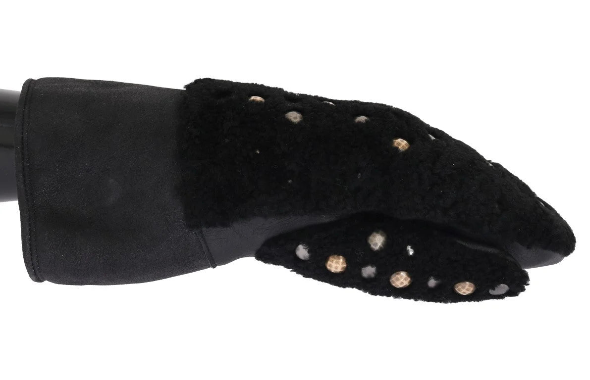 Dolce & Gabbana Black Leather Shearling Studded Gloves - 9|M - Gloves & Mittens
