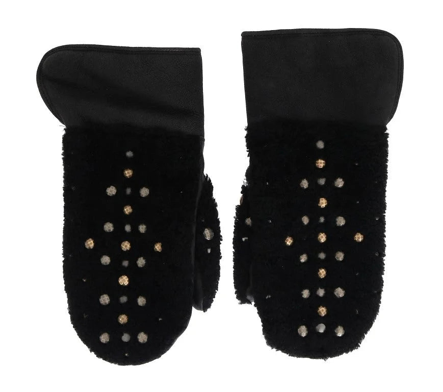 Dolce & Gabbana Black Leather Shearling Studded Gloves - 9|M - Gloves & Mittens