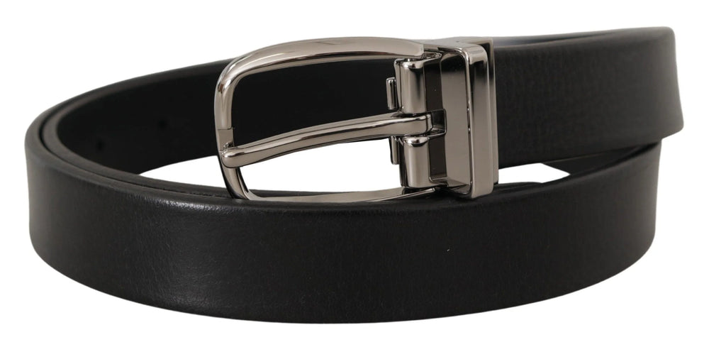 Dolce & Gabbana Black Leather Silver Chrome Metal Logo Buckle Belt - 80 cm / 32 Inches - Belts