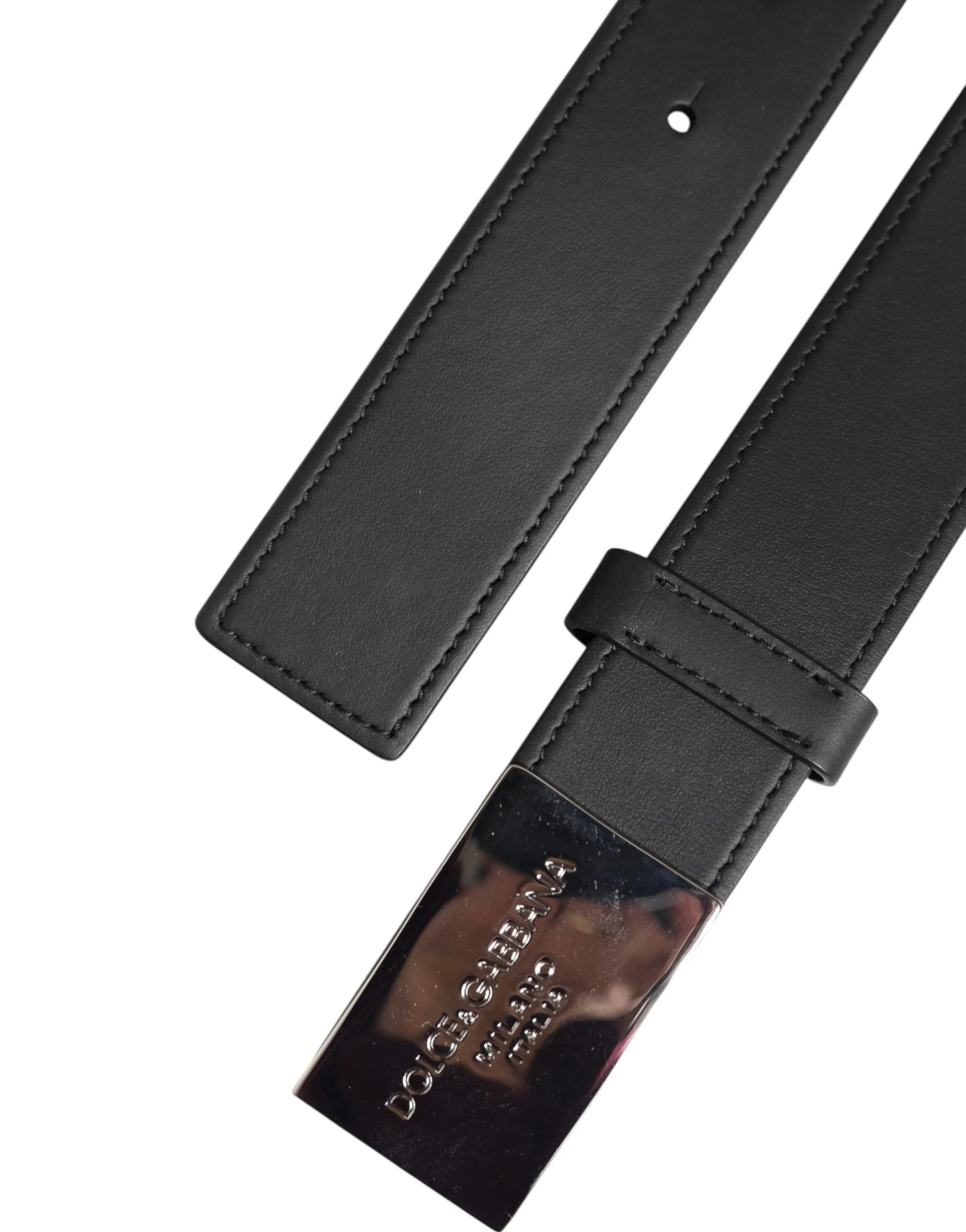 Dolce & Gabbana Black Leather Silver Metal Logo Buckle Belt - Belts
