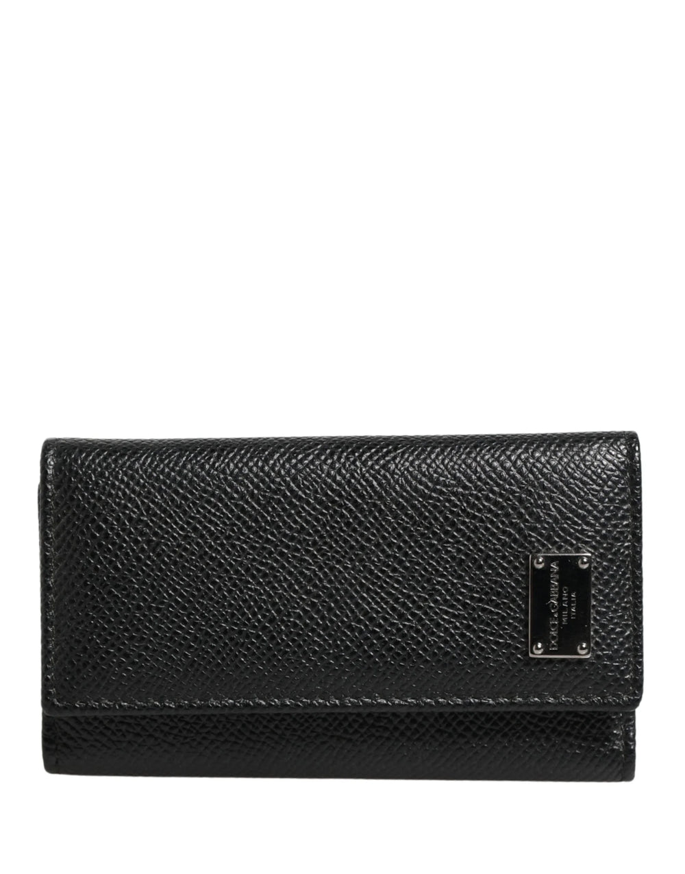 Dolce & Gabbana Black Leather Silver Metal Logo Plaque Trifold Keyring