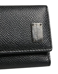 Dolce & Gabbana Black Leather Silver Metal Logo Plaque Trifold Keyring