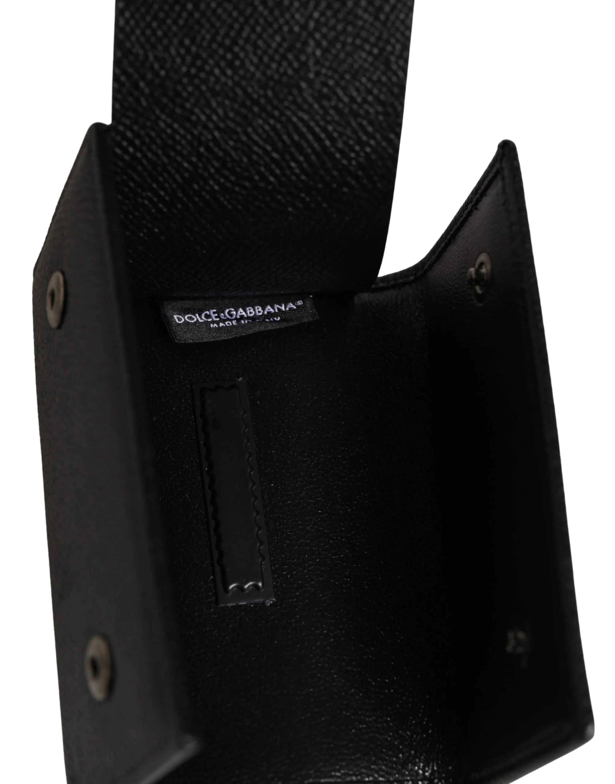 Dolce & Gabbana Black Leather Silver Metal Logo Plaque Trifold Keyring