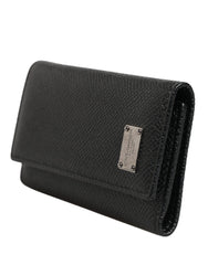 Dolce & Gabbana Black Leather Silver Metal Logo Plaque Trifold Keyring