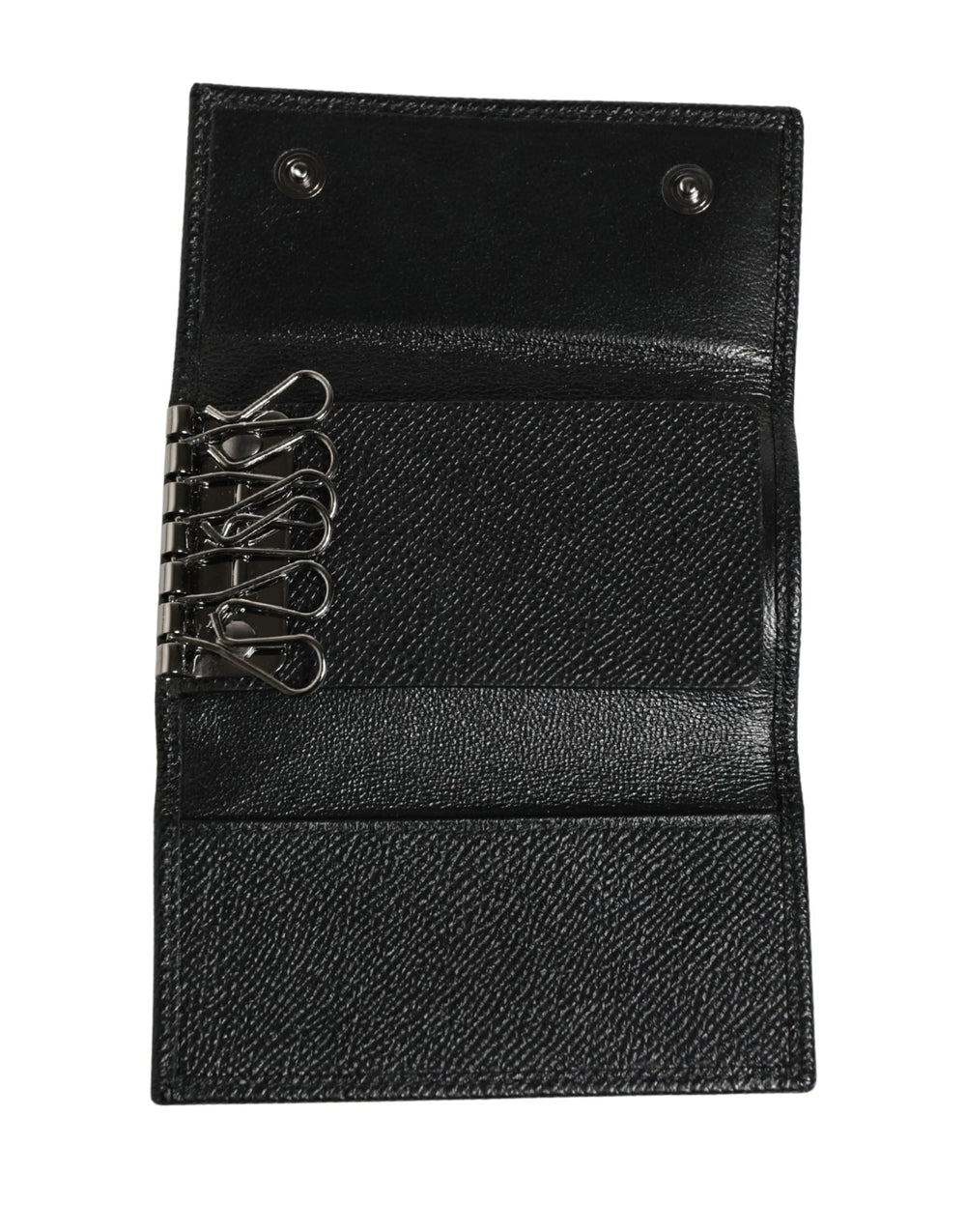 Dolce & Gabbana Black Leather Silver Metal Logo Plaque Trifold Keyring