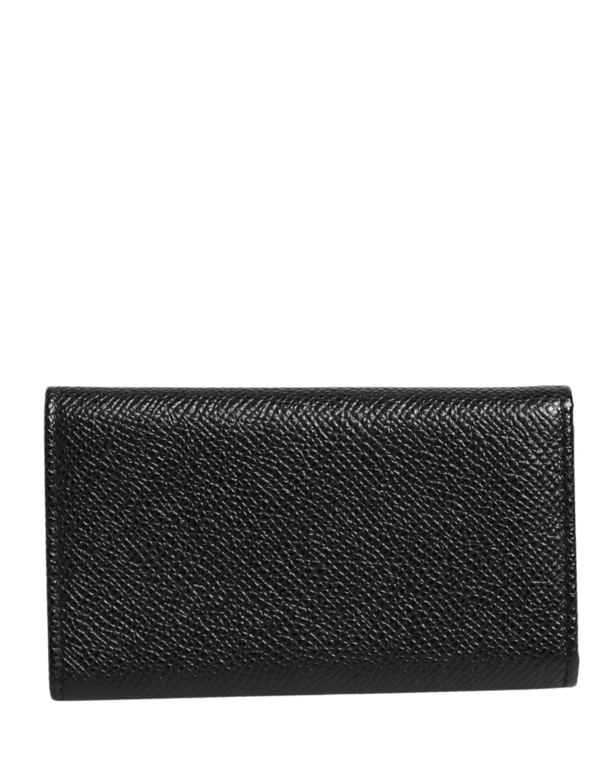 Dolce & Gabbana Black Leather Silver Metal Logo Plaque Trifold Keyring